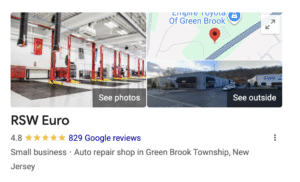 RSW Euro Repair 5 star Google reviews Green Brook European auto service