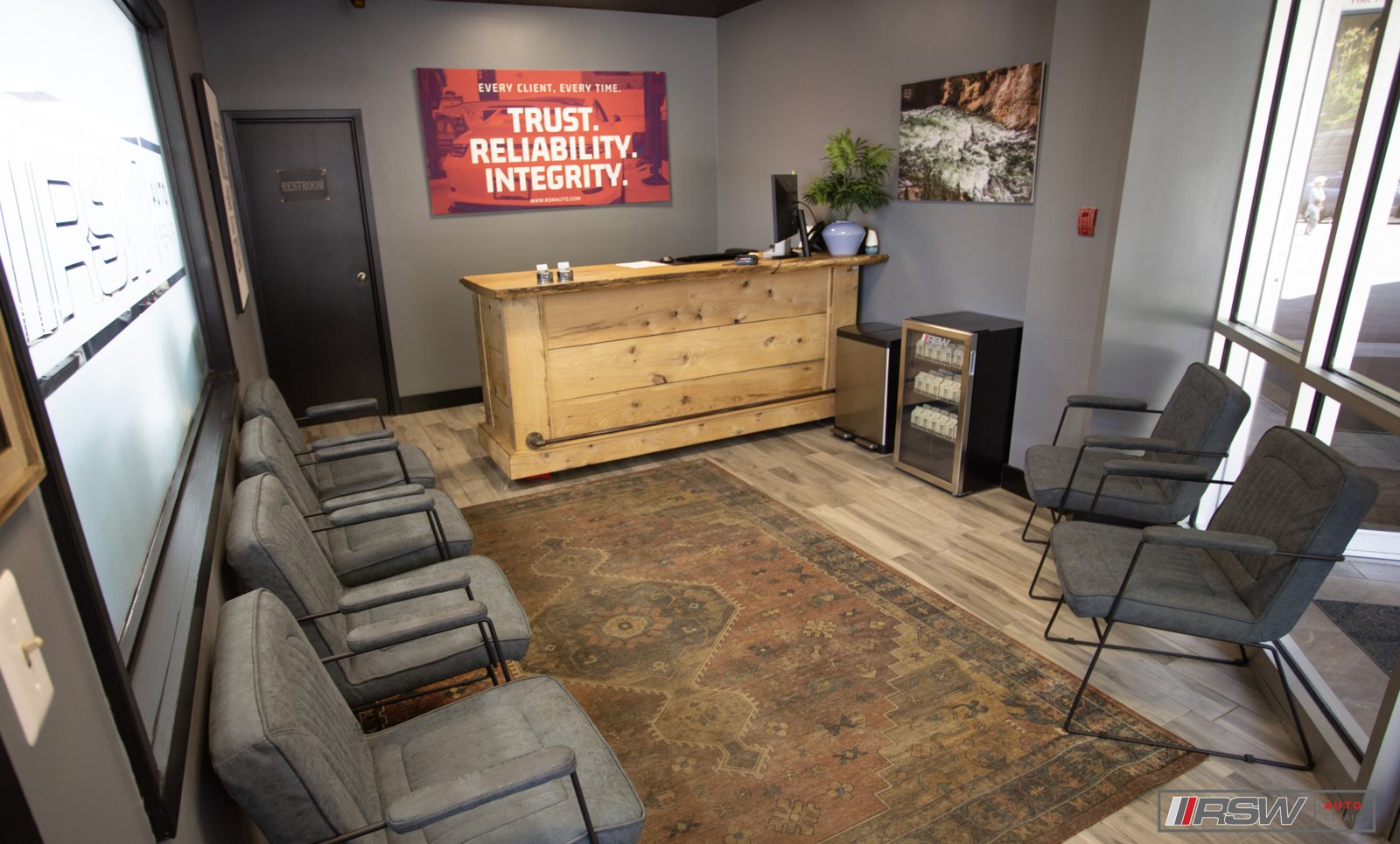 Waiting area and front desk at RSW European Auto Repair - Kinnelon