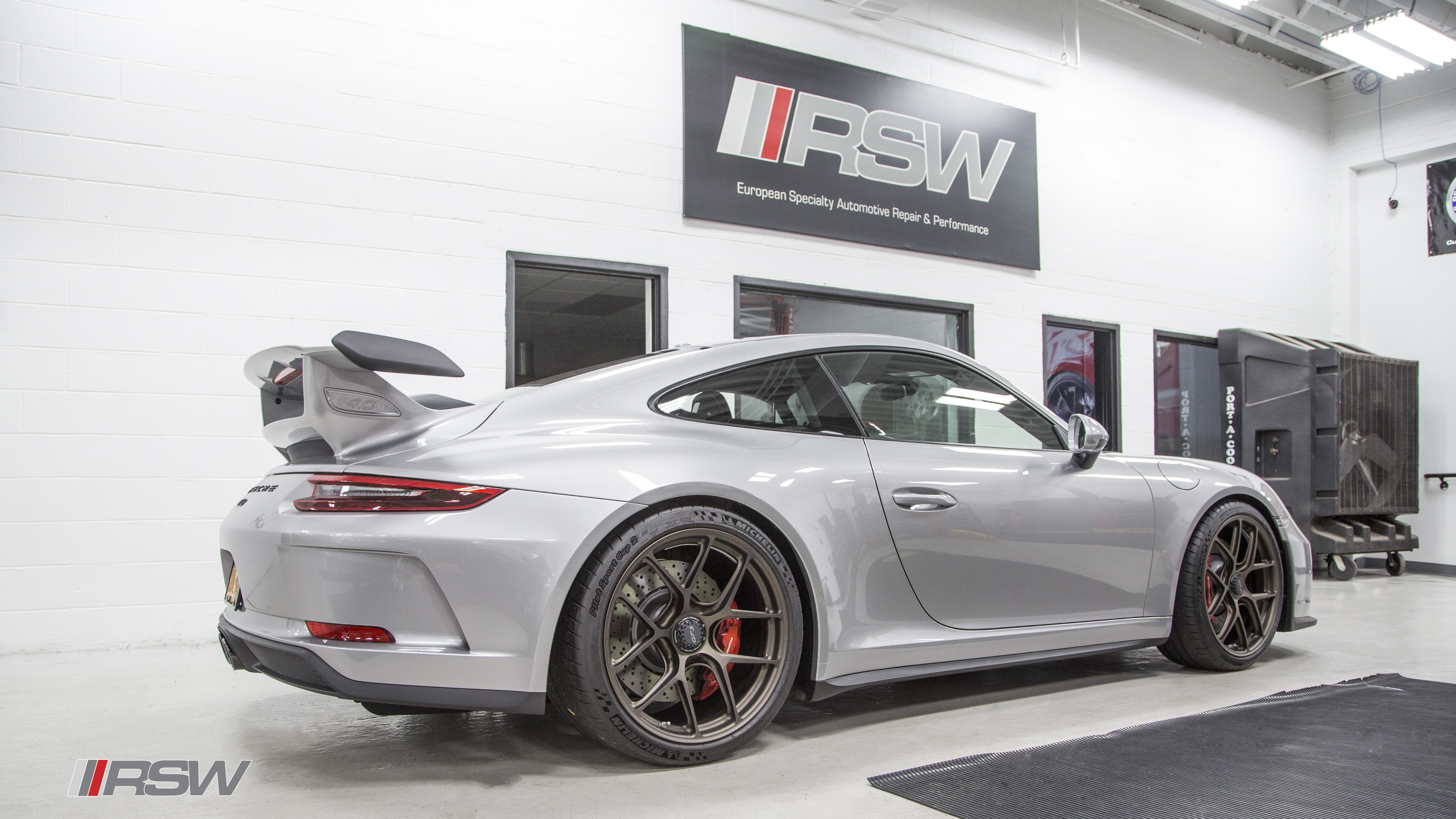Silver Porsche GT3 in the RSW Euro shop