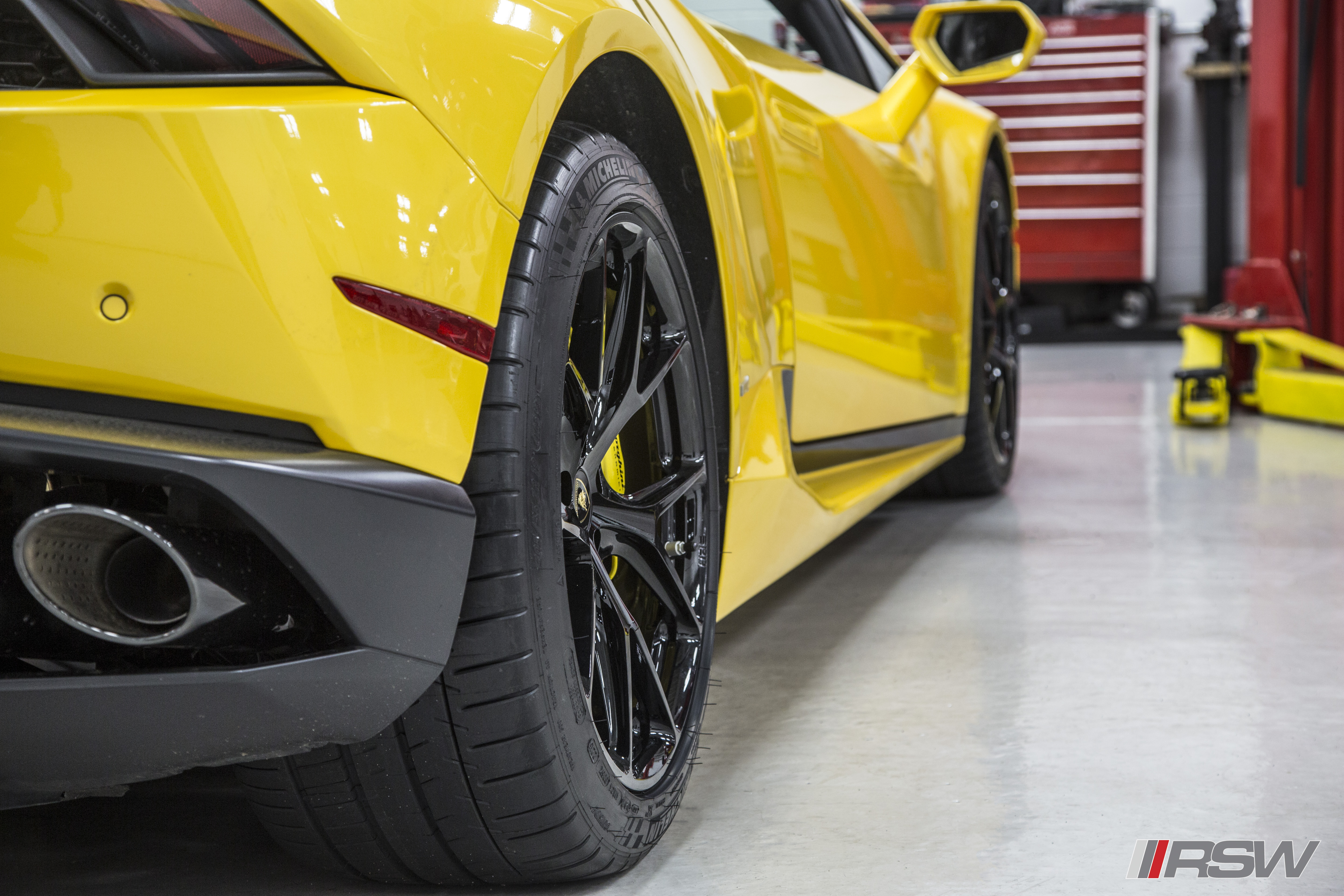Yellow Lamborghini in the RSW Euro shop