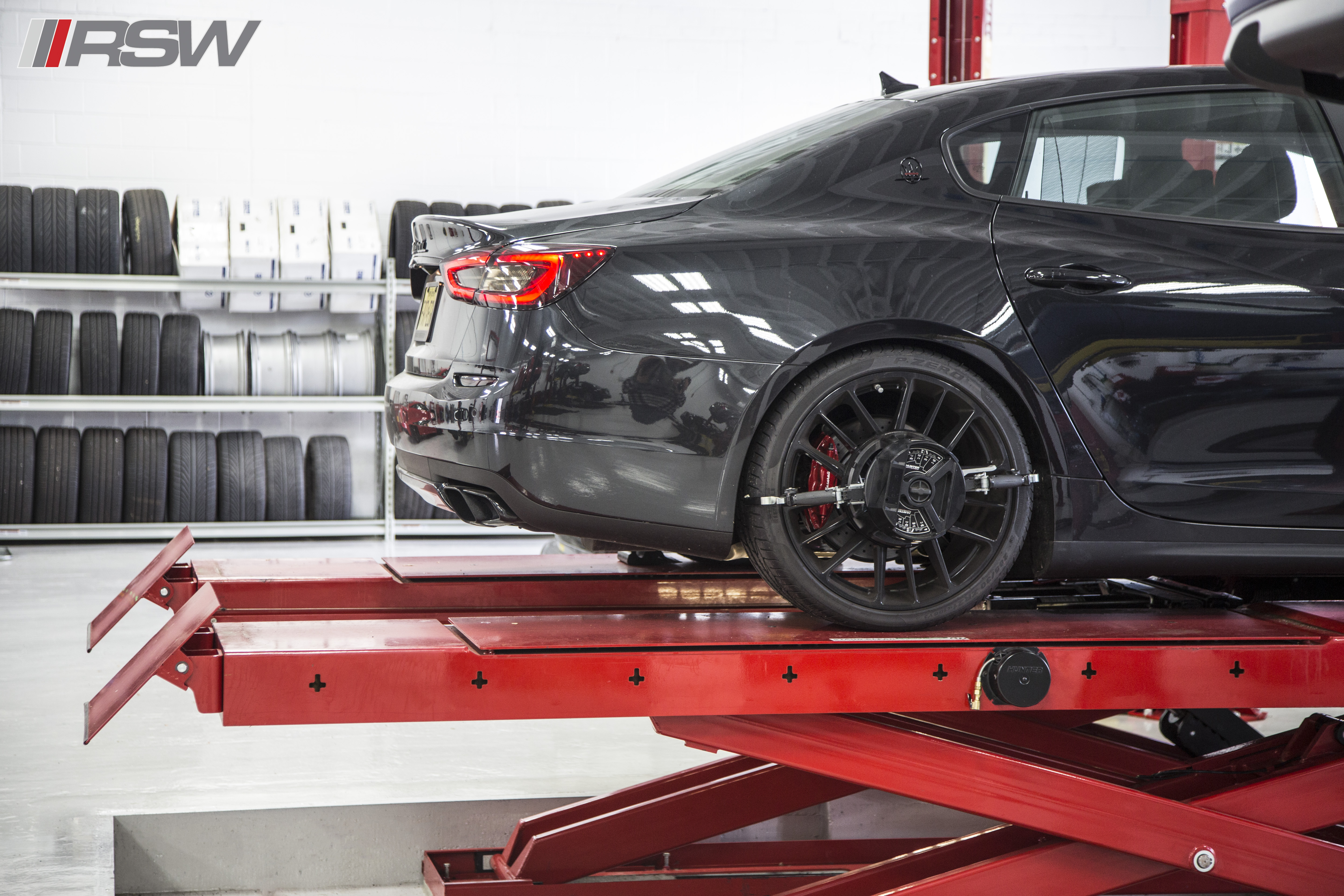 Maserati on the alignment rack at RSW Euro