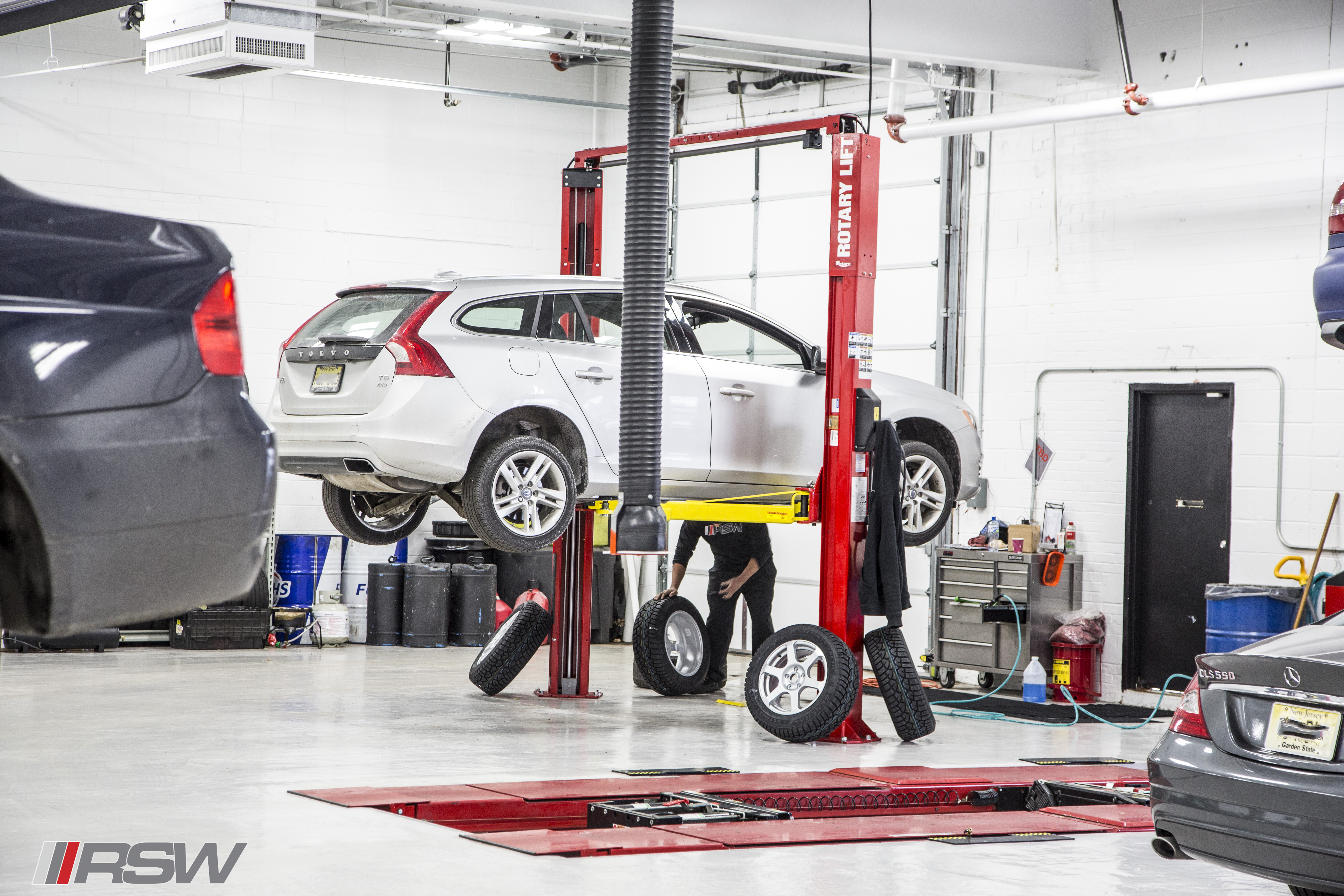Silver Volvo on the lift in the RSW Euro shop